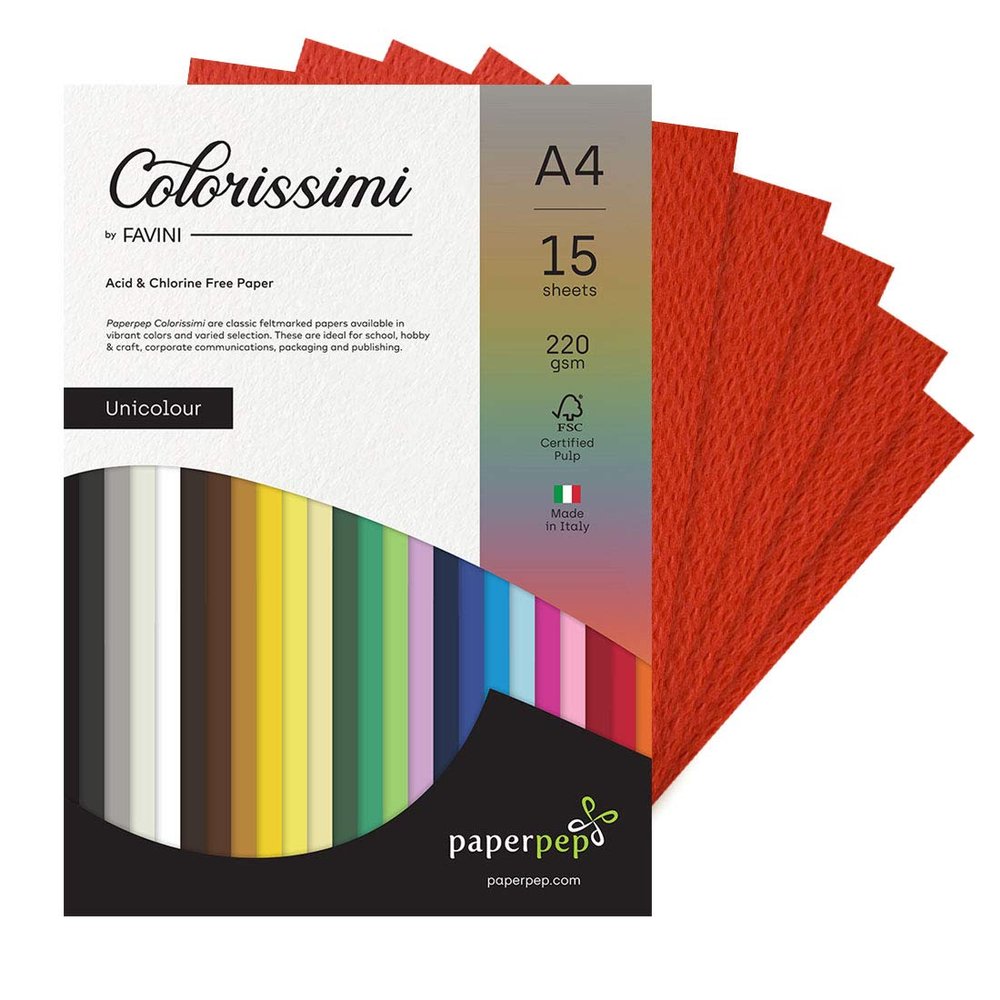 Paper Pep Colorissimi Card Stock 220GSM A4 Scarlatto (Red) Unicolor Pack of 15 Sheets