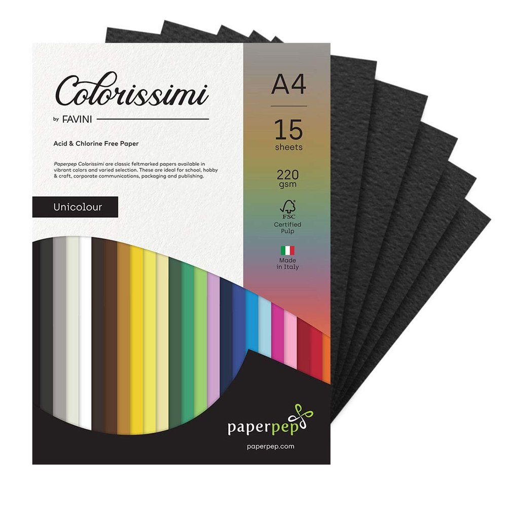 Paper Pep Colorissimi Card Stock 220GSM A4 Nero (Black) Unicolor Pack of 15 Sheets