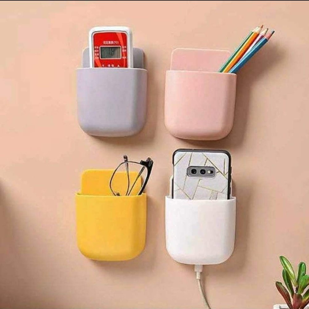 KK Gadgets Wall Mounted Storage Case for Remote, Toothbrush, Mobile Phone Plug Holder,Plastic, Multicolour, Pack of 4 Pieces