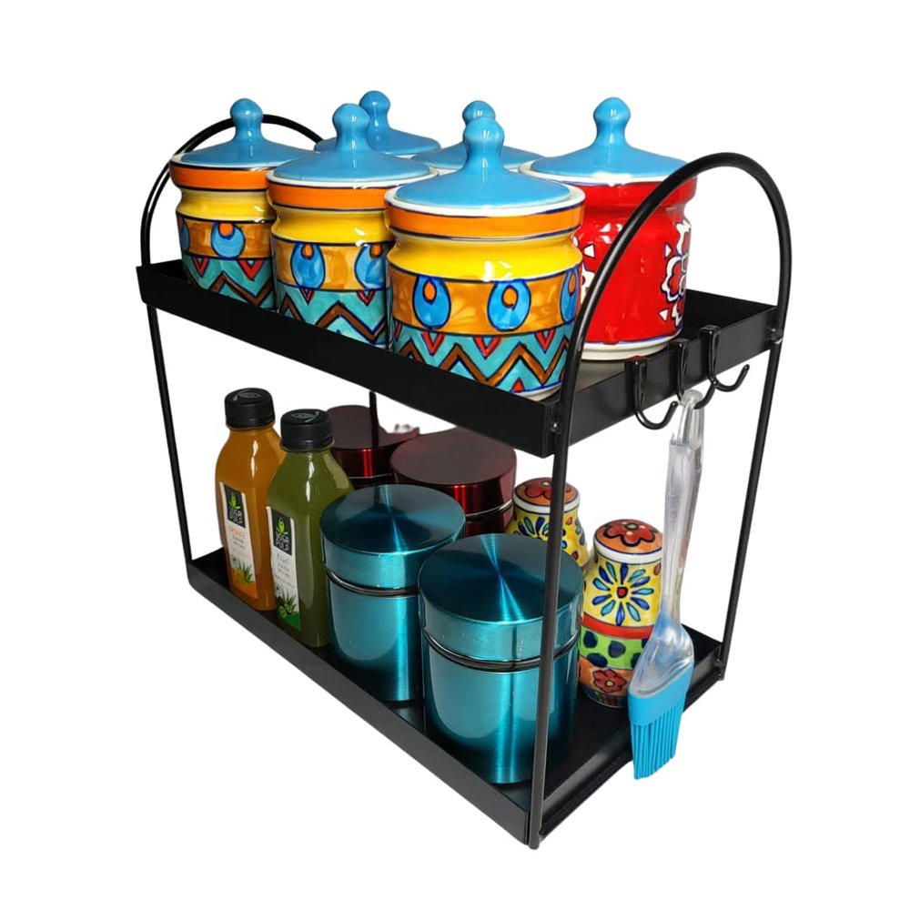 SKY MORE Mild Steel Metal Set Of 2-Tier Tabletop Standing Rack, Black Made In India