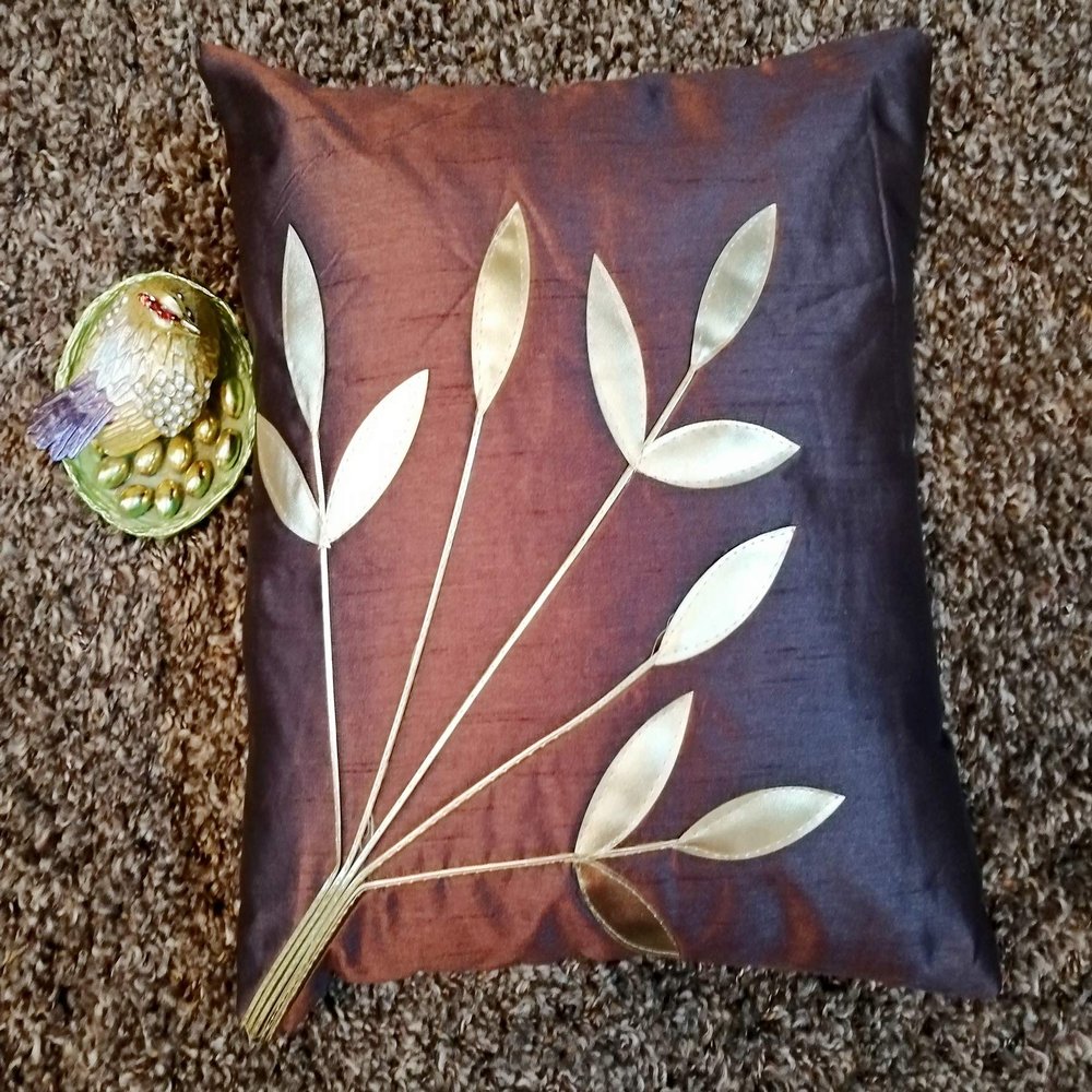 pepme Leaf Design Cushion Cover, Dupion Silk, Pillow Case for Living Room Decorative Throw Sofa Cushion (Brown, Golden), 16x16 inches, Set of 5