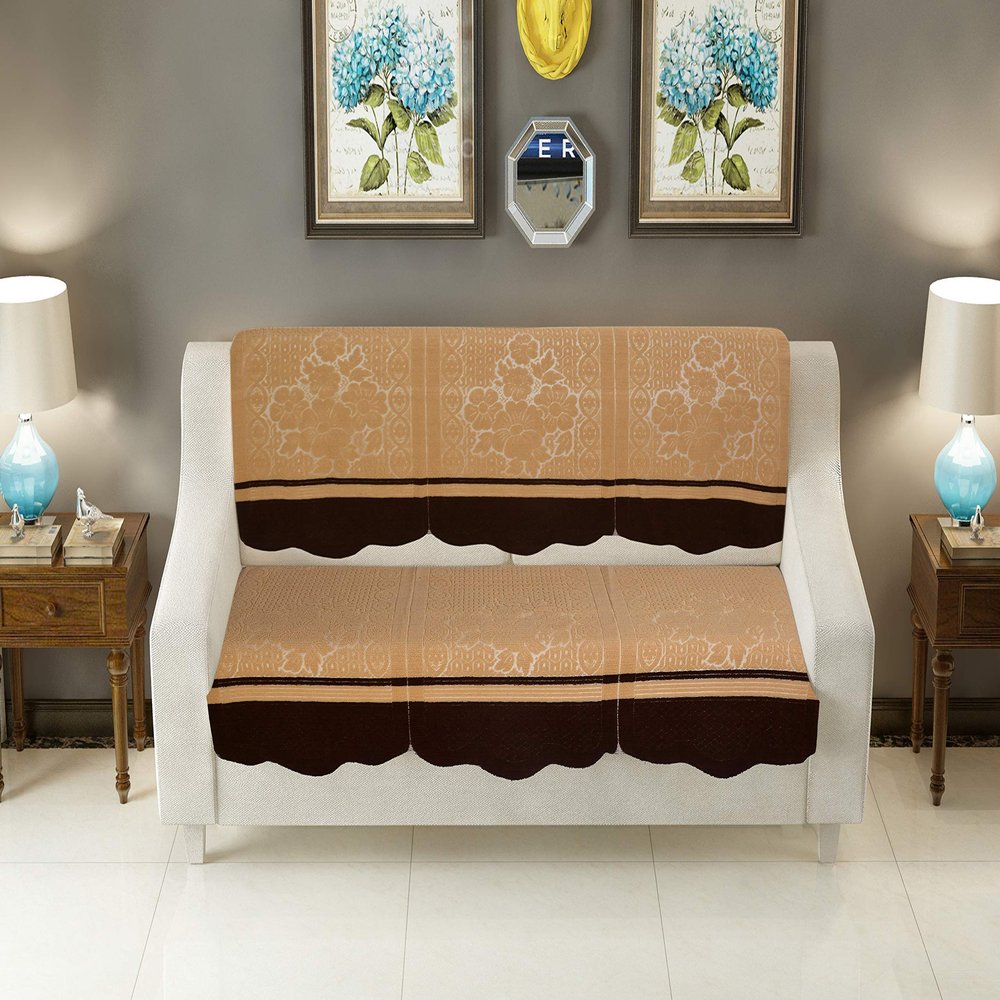 Castiqa Cotton Fabric Abstract Floral Design Standard Sofa Covers Set for Living Room (Beige & Coffee, 3 Seater)