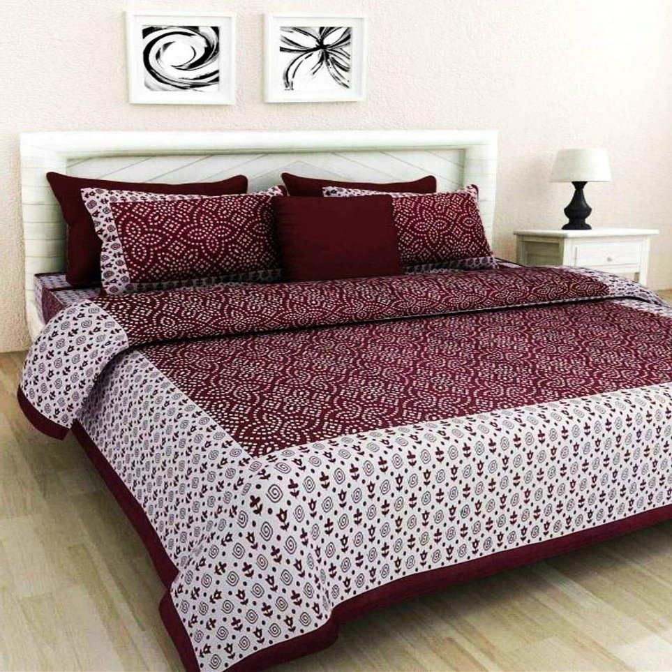 Raj Handicrafts Pure Cotton Jaipuri Traditional Printed Double Bedsheet with Pillow Covers (Maroon, Queen Size)