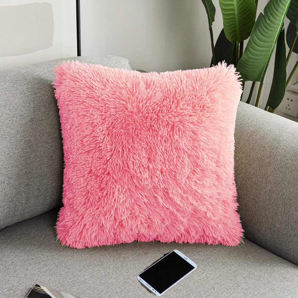 PICKKART Decorative Faux Fur Pillow/ Backing Hold Pillow/ Seat Sofa Cushion Square Throw Pillow, 37 cm (Pink)