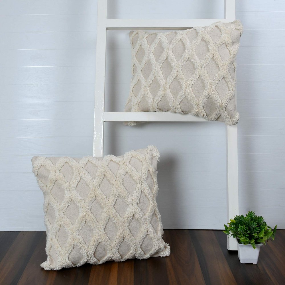 pepme Cotton Canvas Tufted Cushion Cover Zigzag Design Hand-Woven 18 inch Pack of 1 Bohemian Pillow Case for Sofa, Chair, Living Room (Off-White)