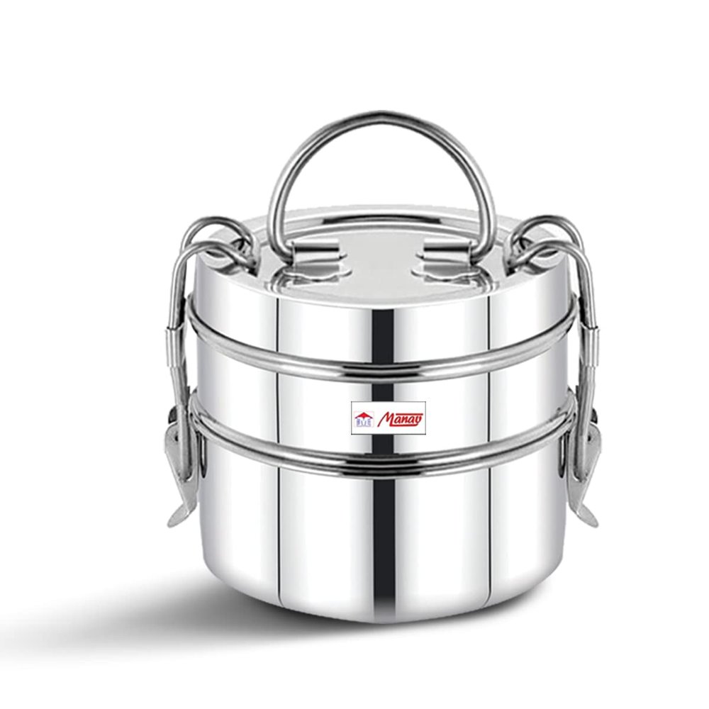 FUTENSILS Manav 2-Tier Stainless Steel Clip Model Tiffin Box (Size -9X2, 1810ml, 5.5 Inch Dia, 520 Grams, Silver)
