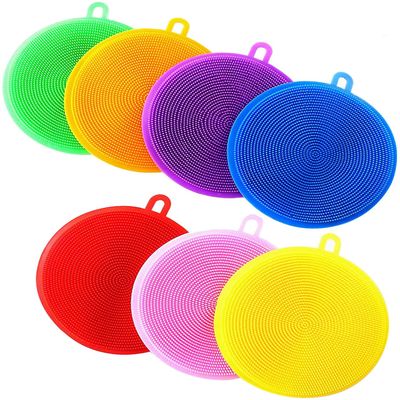 TOPHAVEN Silicone Washing Sponge Antibacterial Silicone Dish Scrubber Fruit and Vegetable Washing Brush Round Scrubber Pad Multipurpose Silicone Dishwashing Tools for Kitchen (Pack OF-10)