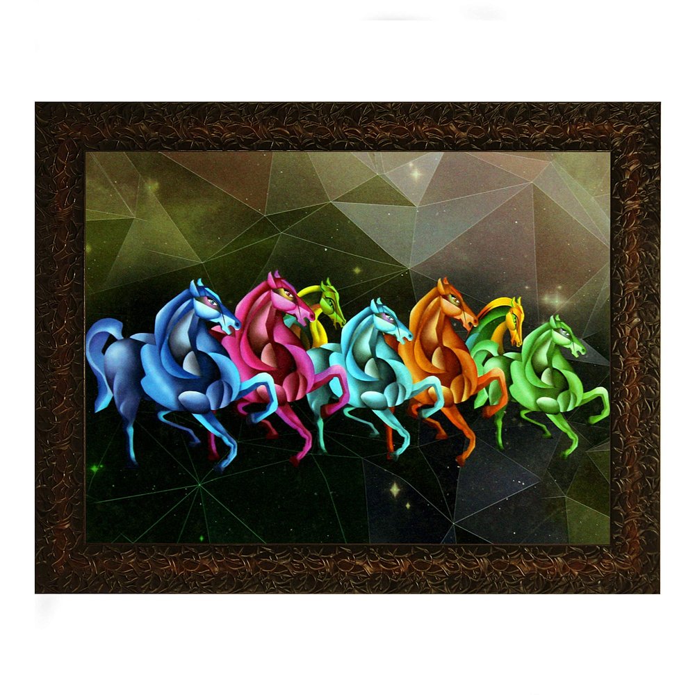 Indianara Vastu Seven Running Horses Painting -Synthetic Wood, 27x30.5x1cm, Multicolour (Style 7)