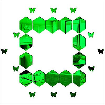 KC DCOR Hexagen and Butterflyes Mirror Green Wall Sticker Self Adhesive Home Dcor (Mirror Size 64x83 cm)