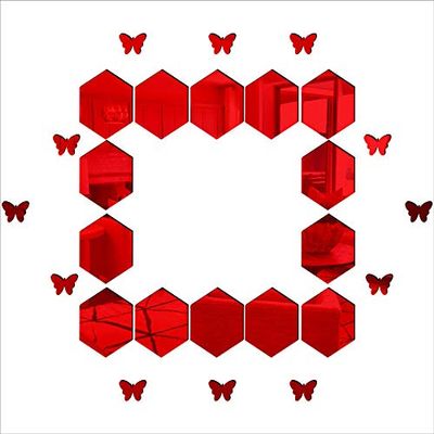KC DCOR Hexagen and Butterflyes Mirror Red Wall Sticker Self Adhesive Home Dcor (Mirror Size 64x83 cm)