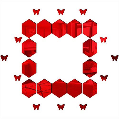 KC DCOR Hexagen and Butterflyes Mirror Red Wall Sticker Self Adhesive Home Dcor (Mirror Size 64x83 cm)