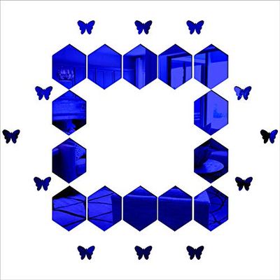 KC DCOR Hexagen and Butterflyes Mirror Blue Wall Sticker Self Adhesive Home Dcor (Mirror Size 64x83 cm)