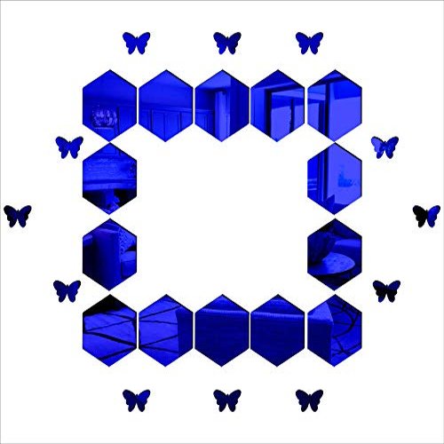 KC DCOR Hexagen and Butterflyes Mirror Blue Wall Sticker Self Adhesive Home Dcor (Mirror Size 64x83 cm)