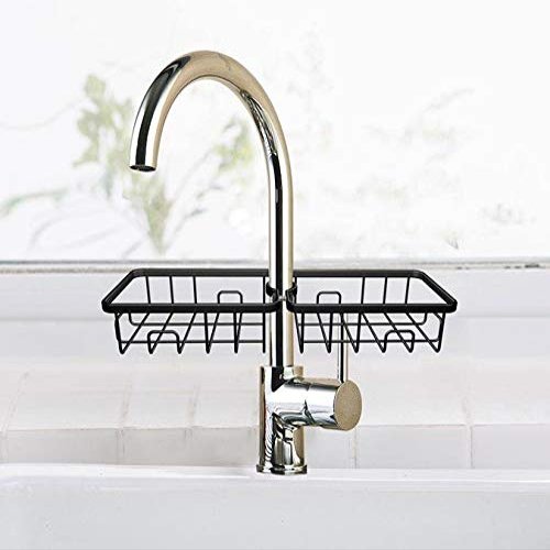 2 Pcs Metal Faucet Sponge Storage Rack/Tap Holder Organizer/Soap Sponge Dish Hanging Clamp Holder/Sink Caddy Drainer Shelf for Kitchen Bathroom Sink Wash Basin - Black (15x10x4cm)