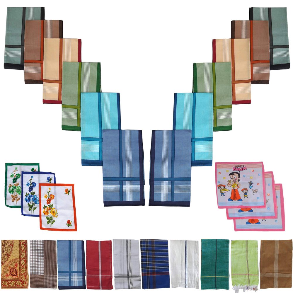 SAI PRASEEDA Pure Soft Cotton Handkerchief/Hanky ( Multicolor , Pack of 12 ) with 3 Women's Handkerchief and 3 Kid's Handkerchief SP9