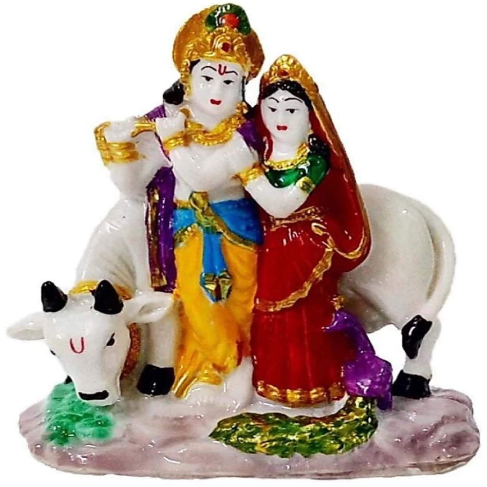 Love Kart Lord Radha Krishna Idol with Cow/Hindu God Makhan chor/Bal Gopal Murti Statue Marble Look janmashtami Spiritual Diwali Puja Mandir/Temple/Home Dcor/Office Vastu Showpiece - 11cm