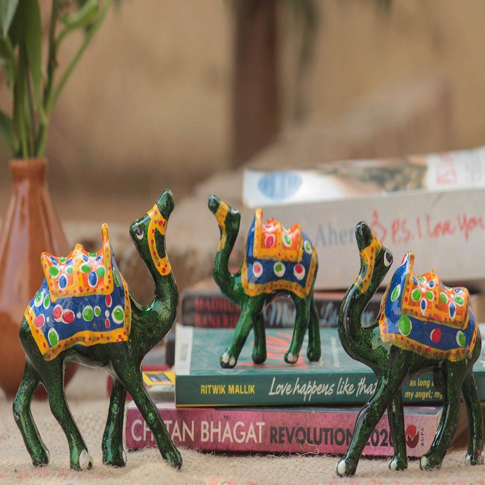 CRAFTICIA NCRCH6204 Paper Mache Decorative Handmade Dessert King Rajasthani Camel Showpiece Figurine (Multicolor, Medium)- Set of 3