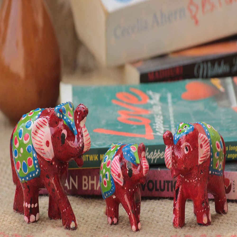 CRAFTICIA Paper Mache Trunk Up Elephant Showpiece Home Decorative Figure for Feng Shui and Vastu (Red, Medium)- Set of 3