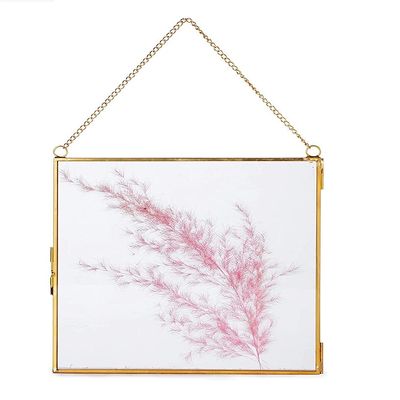 Art India Collections Home Decor Glass Hanging Picture Frame for Wall Decoration with 2 Sides Glass - 7 x 7 inch (Golden), Diwali Gifting Photo Frame 7x7 inches