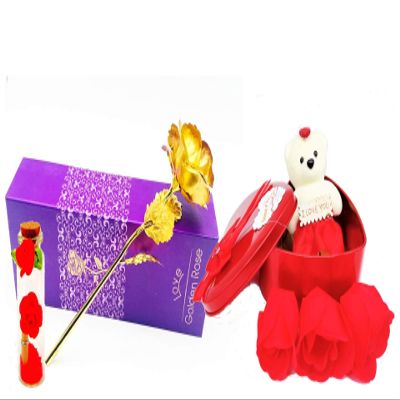 The Click India Artificial Teddy and Flowers and Rose (Golden)
