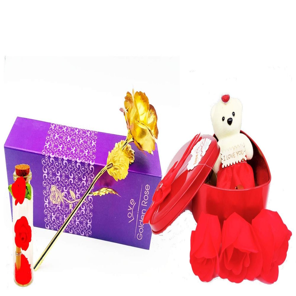 The Click India Artificial Teddy and Flowers and Rose (Golden)