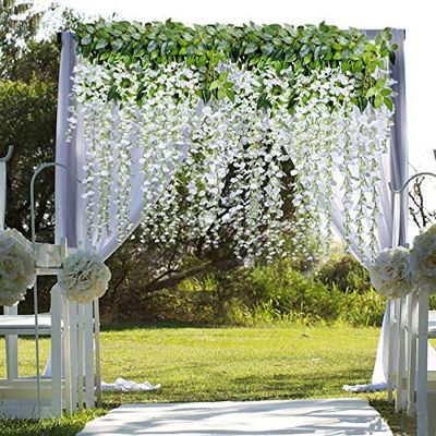 VIMIFORYOU 3 Pcs Artificial Polyester Hanging Flowers Wisteria Vines Fake Flowers Vines for Home Party Wedding Garden Outdoor Greenery Decoration (3.6 Foot Each, Pack of 3, White Color)