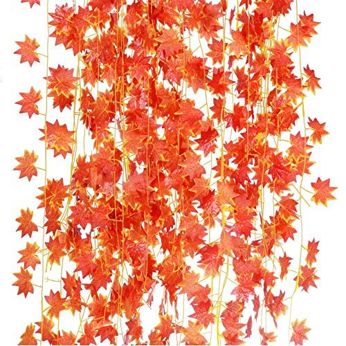 Artificial Ivy Garlands Leafs Creepers (6 Strings) Silk Greenery Hanging Vines Garlands Creeper Leaves for Decoration (6 Strings, Orange, 6 Foot Each).