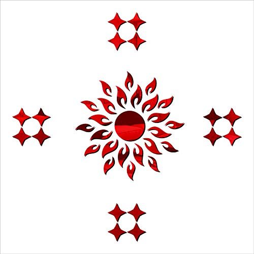 KC Dcor Decorative Sun Design Dcor Home Beautiful with Star Red Acrylic Mirror Wall Sticker (Mirror Red Colour Self Adhesive)
