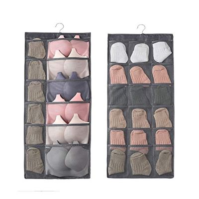 STOIQE Dual Sided Wall Closet Hanging Organizer Storage with Mesh Pockets for Underwear/Bra/Underpants/Socks with Metal Hook Wardrobe Storage Bags/Cloth Space Saver (Gray)