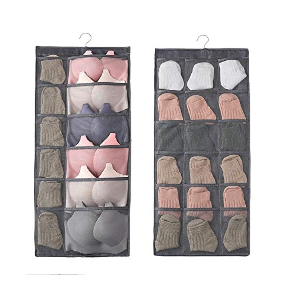 STOIQE Dual Sided Wall Closet Hanging Organizer Storage with Mesh Pockets for Underwear/Bra/Underpants/Socks with Metal Hook Wardrobe Storage Bags/Cloth Space Saver (Gray)