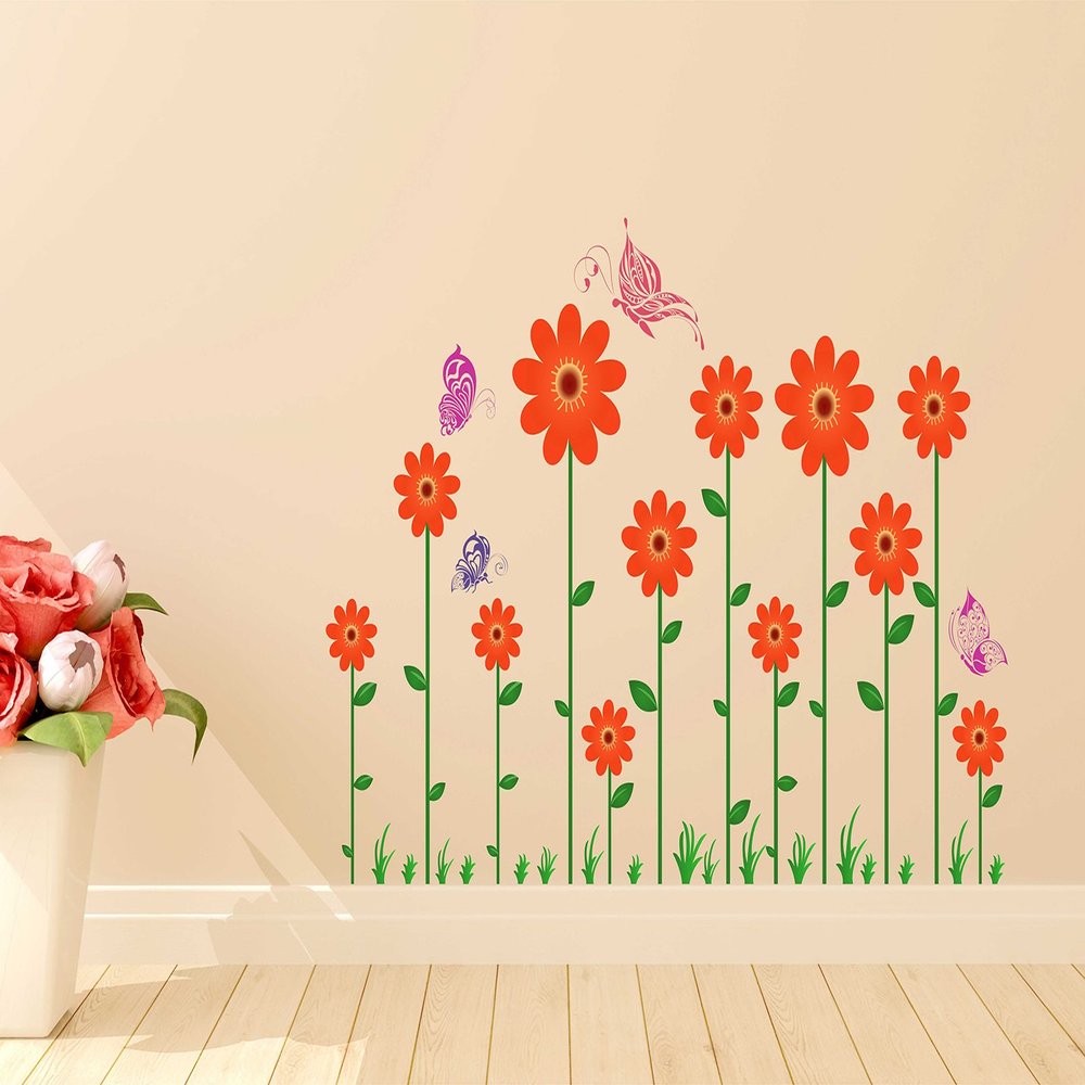 Littlebuds Orange Flowers Medium Vinyl Wallsticker(100 cm x 70 cm)
