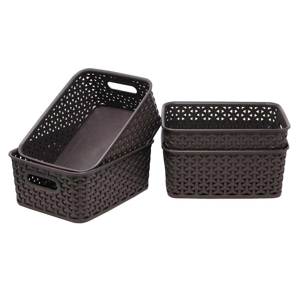 Bel Casa Royal Basket Small (Pack of 4) Multipurpose Plastic Storage Rectangular Baskets For Cosmetics Stationary Wardrobe Kitchen Washrooom & Livingroom I DARK BROWN