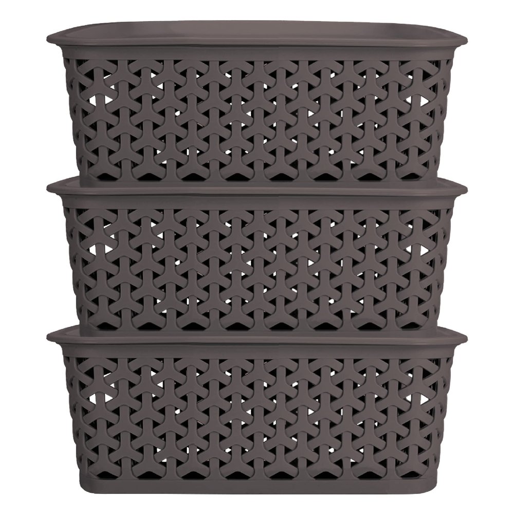 Bel Casa Royal Basket Small (Pack of 3 With lids) Multipurpose Plastic Storage Rectangular Baskets For Cosmetics Stationary Wardrobe Kitchen Washrooom & Livingroom I DARK BROWN