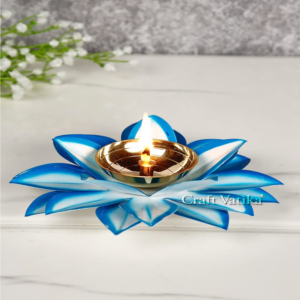 Collectible India Brass Diya Oil Lamp Stand Lotus Kamal Patti Diyas for Puja Home Temple Decor (Sky Blue)