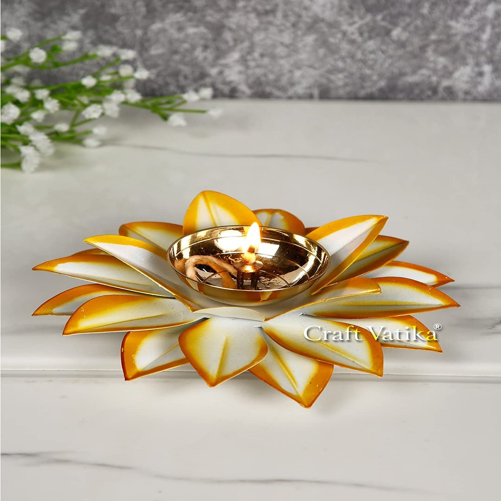 Collectible India Lotus Diyas for Puja Kamal Patti Brass Diya Oil Lamp Pooja Temple Home (White Yellow)