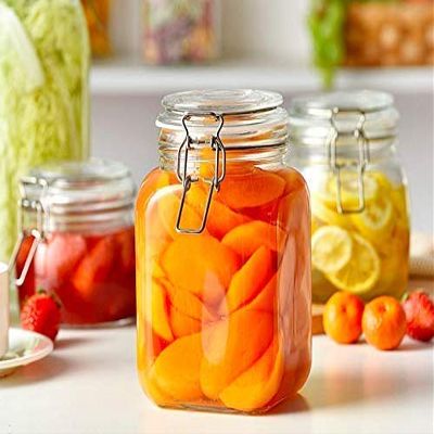 SQUARE Glass Pickle Jar & Container Airtight Swing Cap Leak Proof Rubber Gasket & Hinged Lid Kitchen Masala Cereal Dispenser Transparent STAINLESS Bail & Trigger Hermetic Seal 500 ml SET OF 1