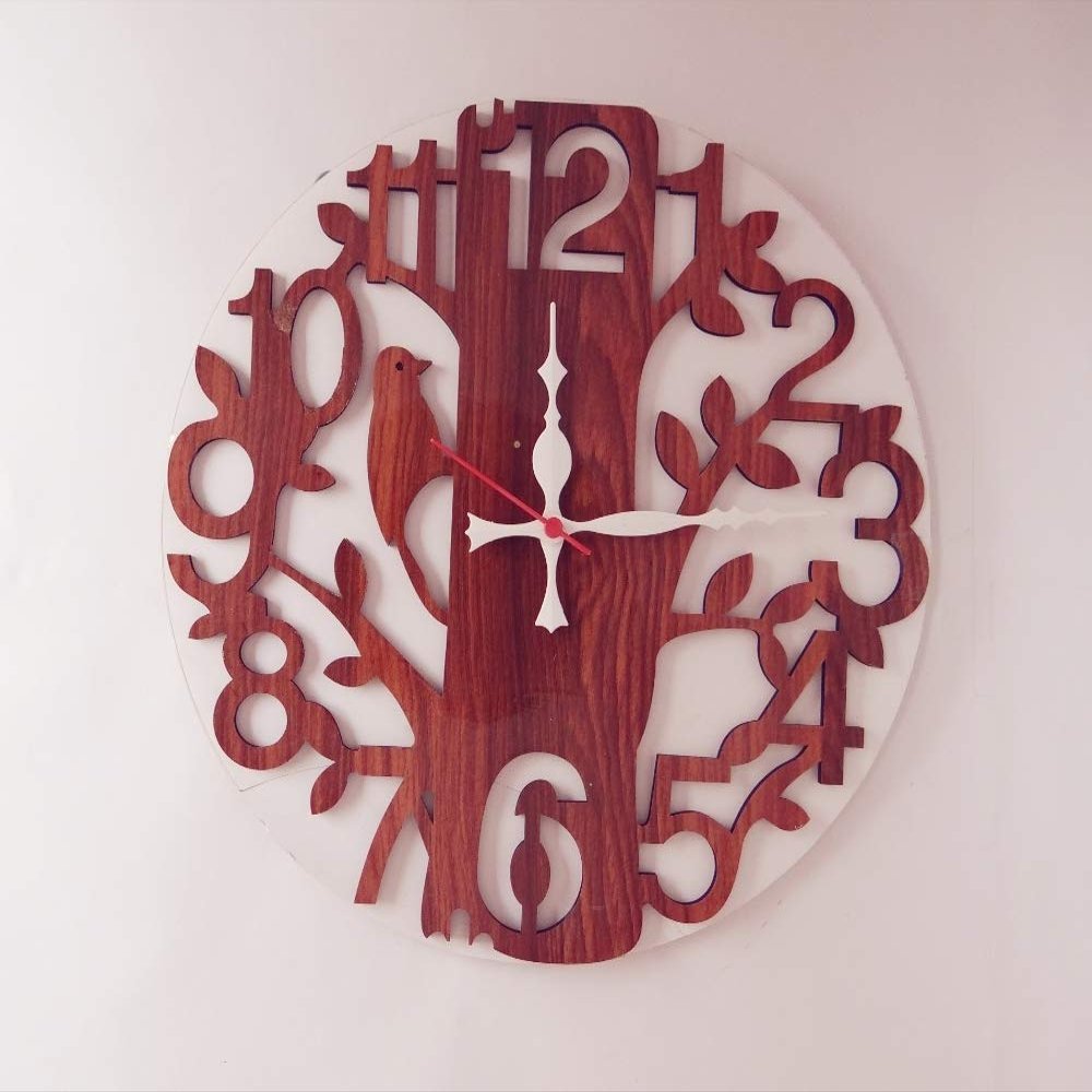 SH Modern Wooden Tree Shaped with Bird Hanging 3D Wall Decor Decorations Laser Cut Wall Clock (Brown)