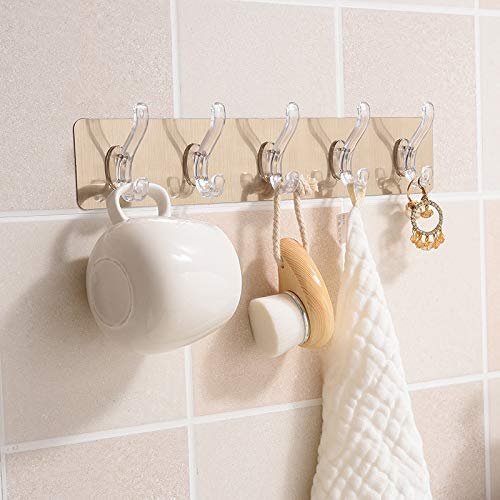 HITSHREE Self-Adhesive No Drills Wall Bathroom Towel Hanger - Transparent Hooks for Kitchen and Bathroom - Strong Sticky Wall Mounted Hook Rail Strip With 5 Hooks