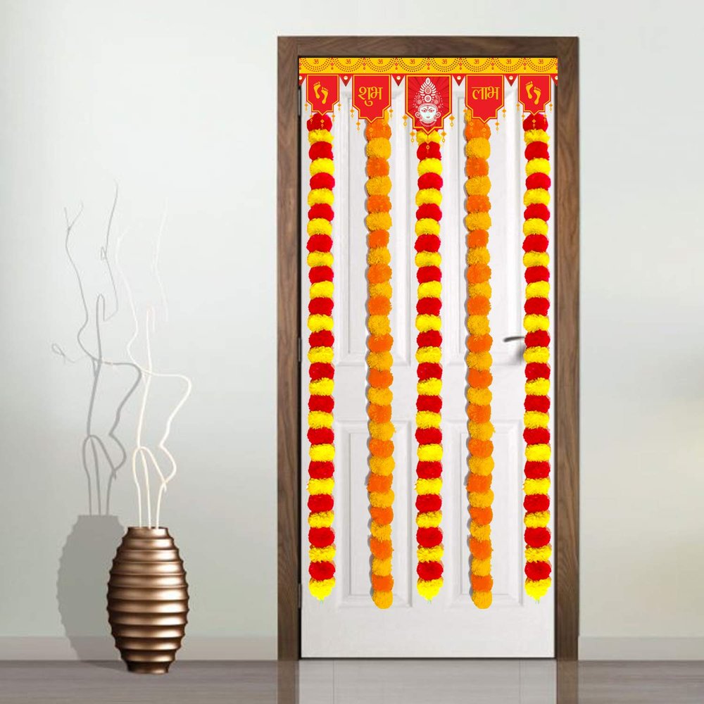 iHandikart Handmade Artificial Marigold Garland Set of 5 (60 x 2.5 Inch) Red, Yellow, Orange Floral Hanging for Makar Sankranti & Lohri Traditional Home, Door & Festival Decoration (IHK-31010)