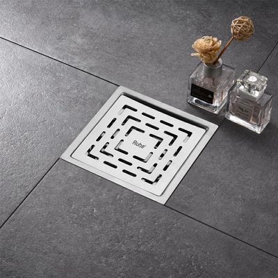 Ruhe Sapphire Square Flat Cut Floor Drain | 304-Grade Stainless Steel Drain Jali with Matte Finish | 6 x 6 inches | Pack of 1