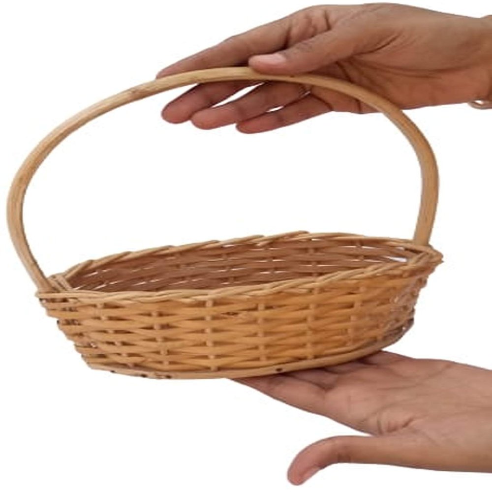 HM SERVICES Bamboo Oval Shape Flower Basket with Handle Best for Puja Dining Table and Home Decoration Fruit Basket (Size-7 inch,Small)