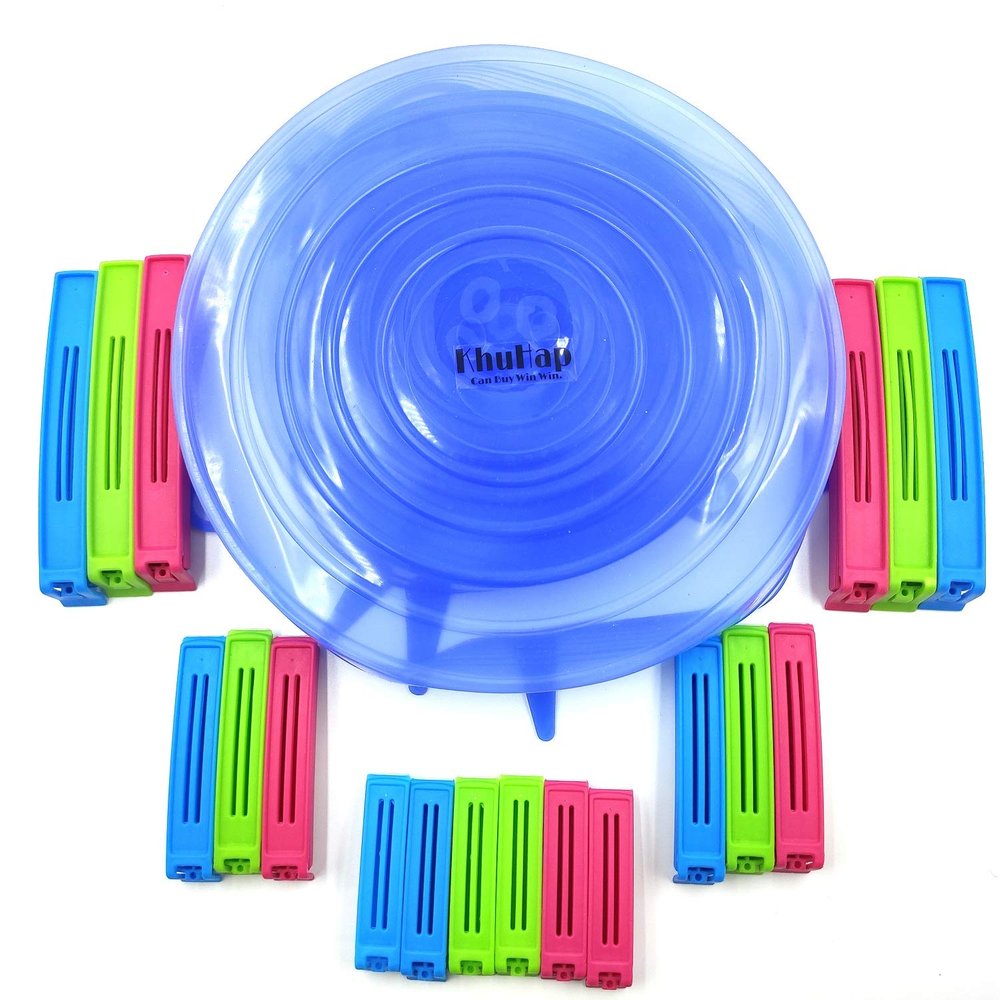 PallRin Combo Plastic Food Snack Bag Pouch Clip Seal Set of 18, Multicolor + Silicone Reusable Stretchable Lid Cover for Container Bowls Bottle Food Glass Cup, 6 PC Random Color