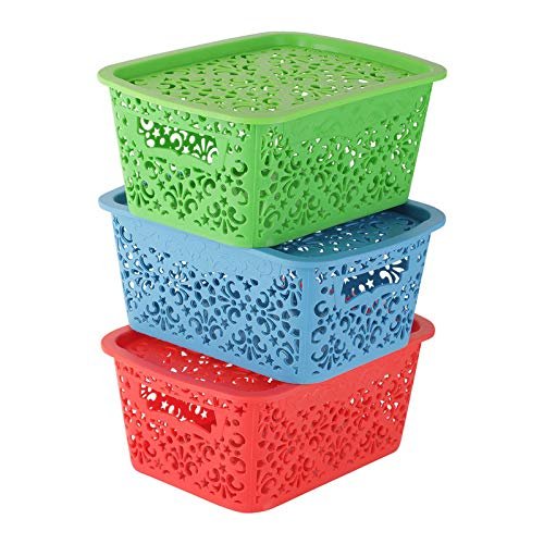 Cutting EDGE Unbreakable Plastic Turkish Baskets with Lid Fruit Vegetable Office Bathroom Stationary (Combo - Red, Blue, Green, Small, Dimension:- 23.5X13.5X10.1 cm)