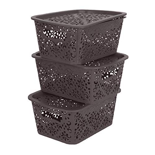 Cutting EDGE Unbreakable Plastic Turkish Baskets with Lid Fruit Vegetable Office Bathroom Stationary Home Rectangular Handle Basket (Set of 3, Brown, Small, Dimension:- 23.5X17X10.1 cm)