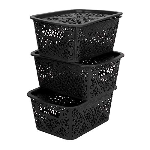 Cutting EDGE Turkish Baskets with Lid for Kitchen | Vegetables | Toys | Accessories (Set of 3, Black, Small, Dimension:- 23.5X17X10.1 cm)
