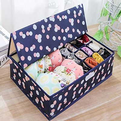 Vaoza Fabric 16 + 1 Foldable Storage Box/Closet Organizer/Drawer Organizer, Underwear Closet Storage for Socks, Bra, Panty, Tie, Scarf (Navy Blue Flower)