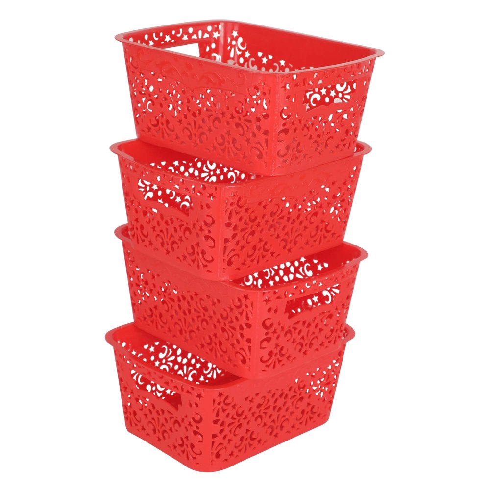 Cutting EDGE Unbreakable Plastic Turkish Baskets Without Lid for Fruit Vegetable Bathroom Stationary Toys Home Rectangular Basket (Set of 4, Red, Small, Dimension:- 23.5X17X10.1 cm)