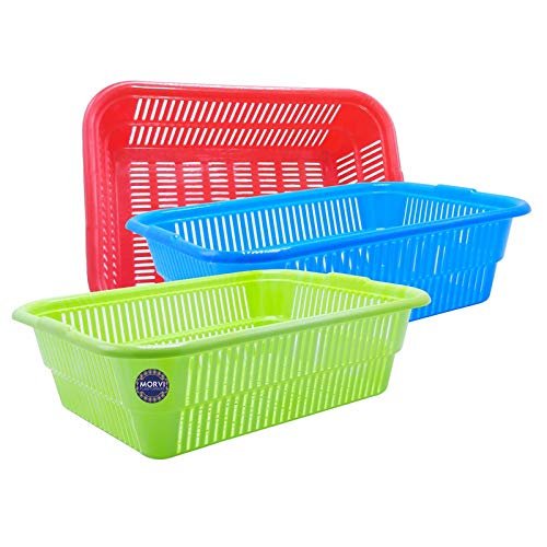MorvI Plastic Natasha 1013 Multipurpose Basket, Set of 3 Pcs 4 Ltr, Brown Red Blue Color (Red Blue Green)