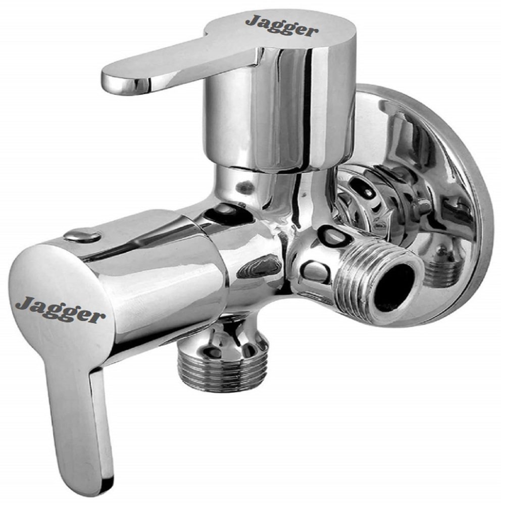 JAGGER JAG601 Full brass Quarter Turn 2 Way Angle Valve, Chrome Finish 2 In 1 Angle Valve For Pipe Connection In Bathroom With Wall Flange And Teflon tape (MARK)