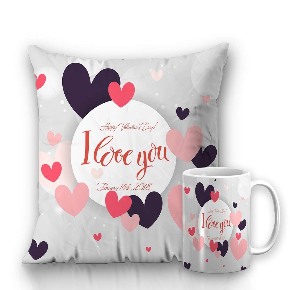 DECOR PRODUCTION Valentine Theme Printed Ceramic Coffee Mug 330 ml with Cushion, Valentine Gift for Boyfriend, Husband, Wife, Girlfriend, and Partner(Valentine_mugcushion_pt13_8)